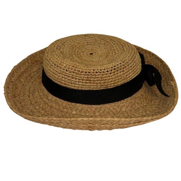 VINTAGE Ann Taylor Straw Hat Womens Brown Raffia Weave Grosgrain Bow 1980 main image 3